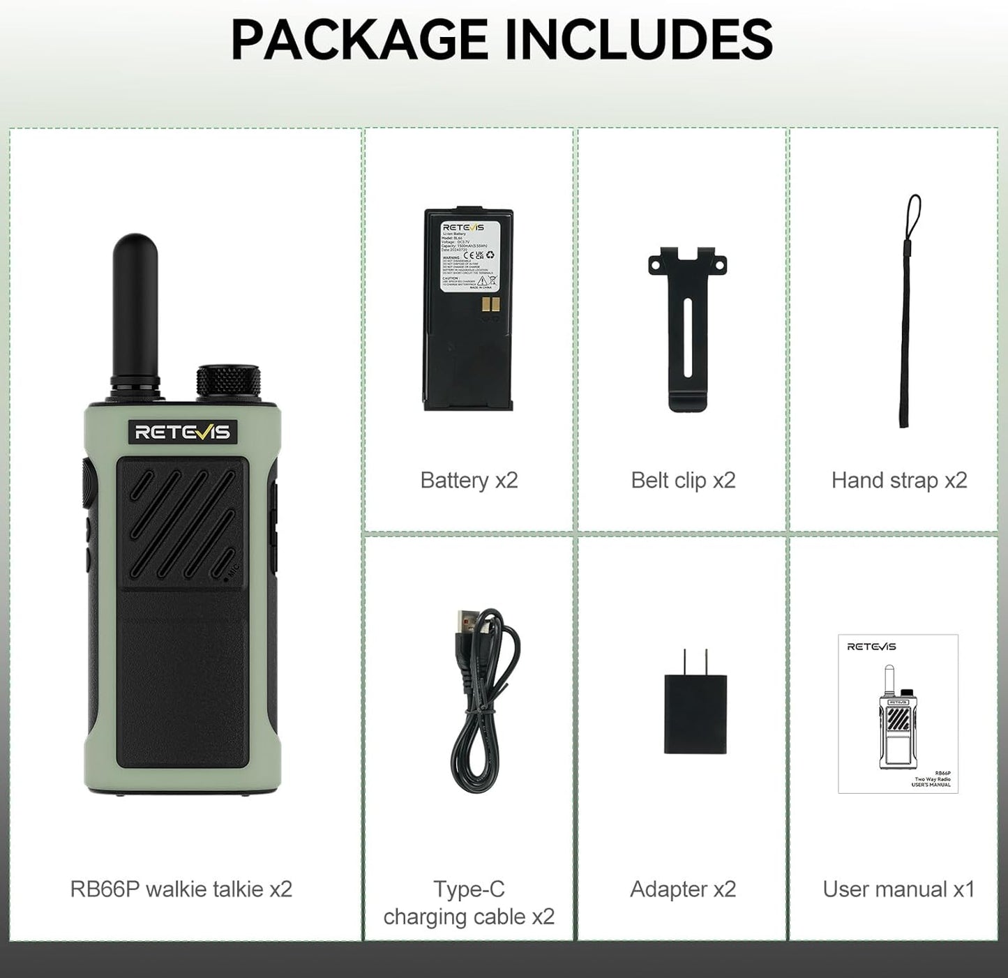 Retevis RB66P Walkie Talkies - Fast Charging, Long Range FRS Radios with 1500mAh Battery | 2 Pack for Camping & Hiking