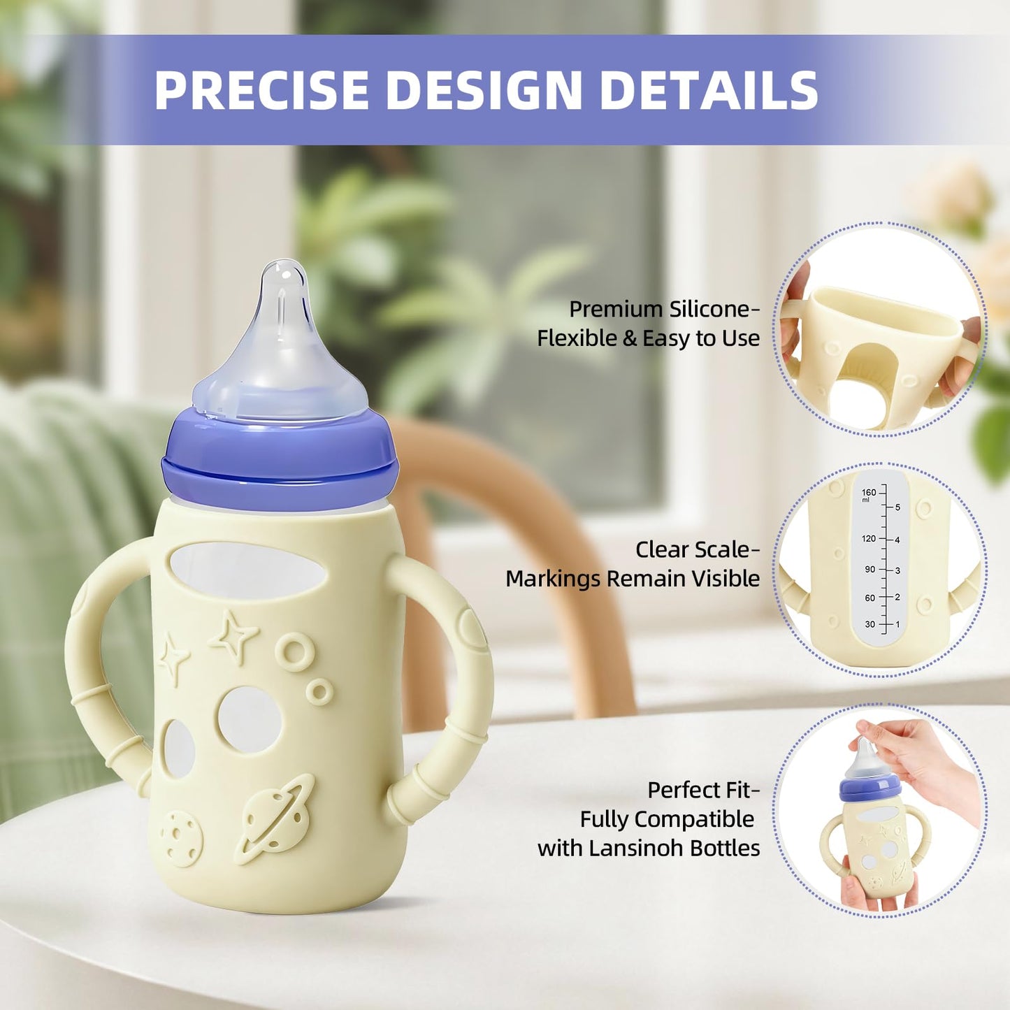 Lionpower 3 Pack Silicone Sleeves for Lansinoh Glass Bottles (Old Style)8oz – Protective Covers with Handle, Non-Slip Baby Bottle Holder, Compatible with Lansinoh Bottles (Grey+Pink+Beige(8OZ))