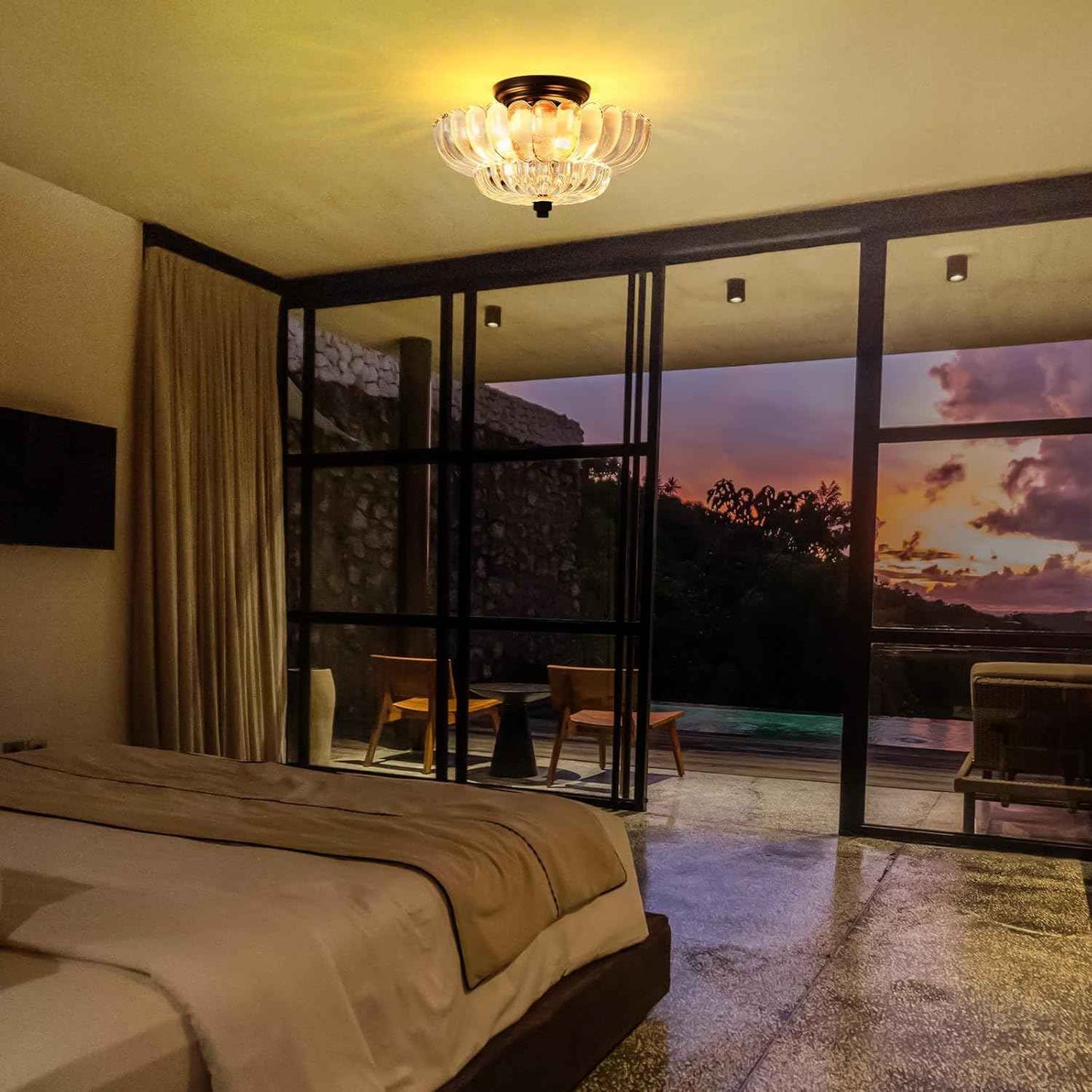 Modern Semi Flush Mount Ceiling Light Fixture with Brown Glass & Black Base - Ideal for Living Room, Kitchen, Bedroom, Hallway (Bulb Not Included)