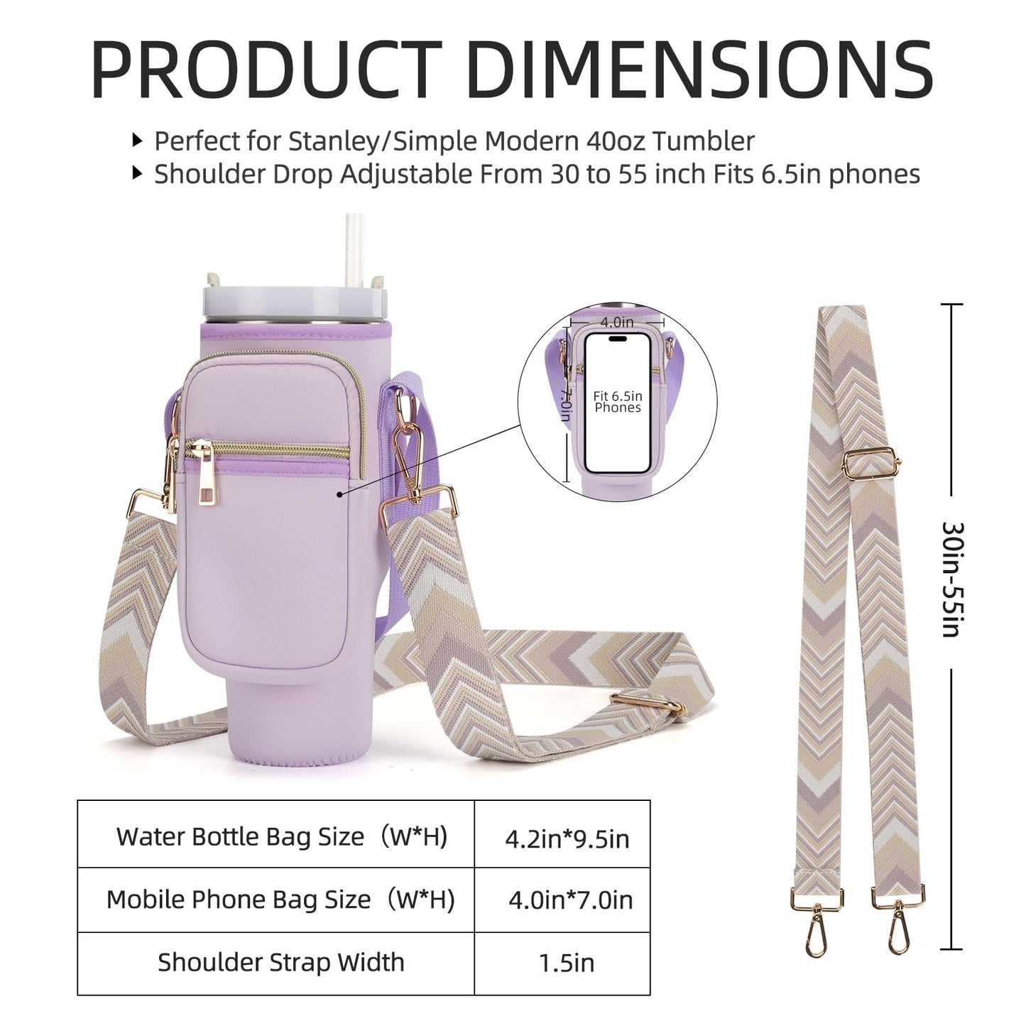 GOEWY Water Bottle Carrier Bag Stanley Cup Accessories with Adjustable Shoulder Strap & Phone Pocket Fits 40oz Tumbler with Handle Ideal Gift for Women