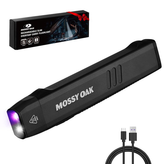 Mossy Oak Rechargeable EDC Flat Flashlight 1200 Lumens, Pocket Work Light with Magnetic Base, UV & White Light Combo, Waterproof LED Inspection Light for Work, Outdoor Use and Emergencies - Black