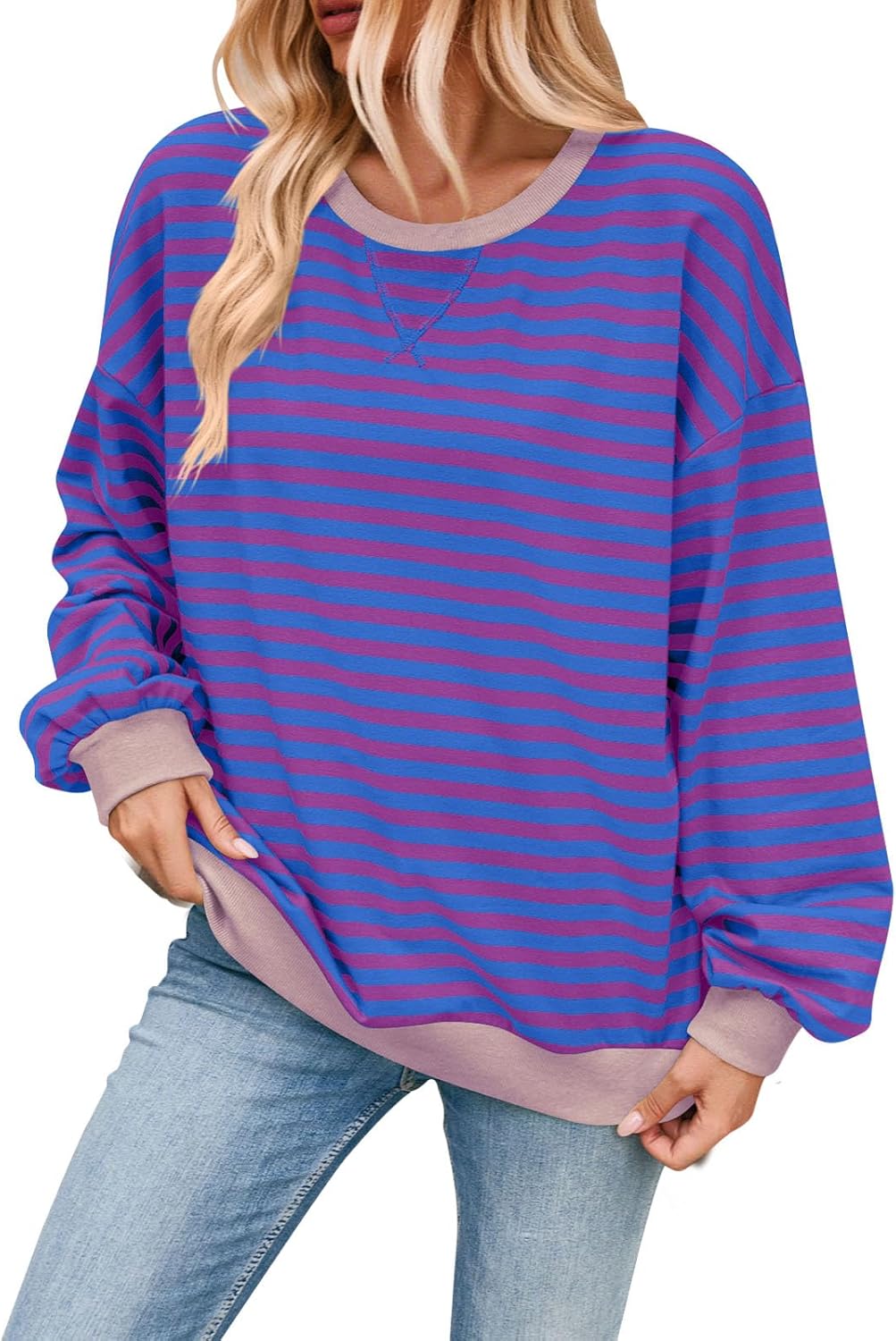 Skiennix Women's Crewneck Long Sleeve Sweatshirt - Casual Striped Pullover | Plus Size Color Block Streetwear