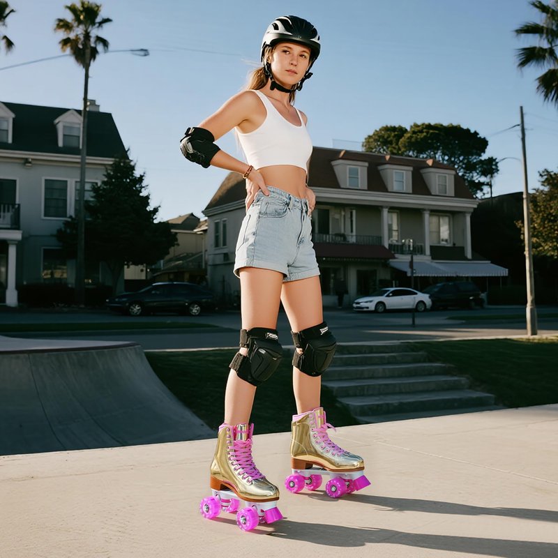 Roller Skate for Women, High-Top PU Leather Quad Skates Size 11 for Beginner, Laser Shiny Gold Double-Row Rollerskates for Girls Ages 8-50 Outdoor and Indoor