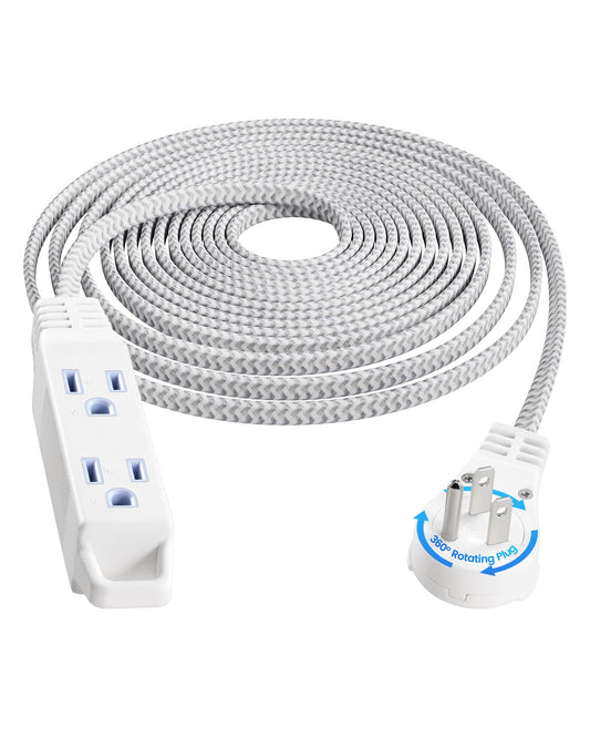 SURAIELEC 20FT 360° Rotating Flat Plug Extension Cord Flat Wall Plug with 3 Outlets, Braided Flat White Extension Cord for Indoor Use, Small Space, 16/3C SPT, ETL Listed