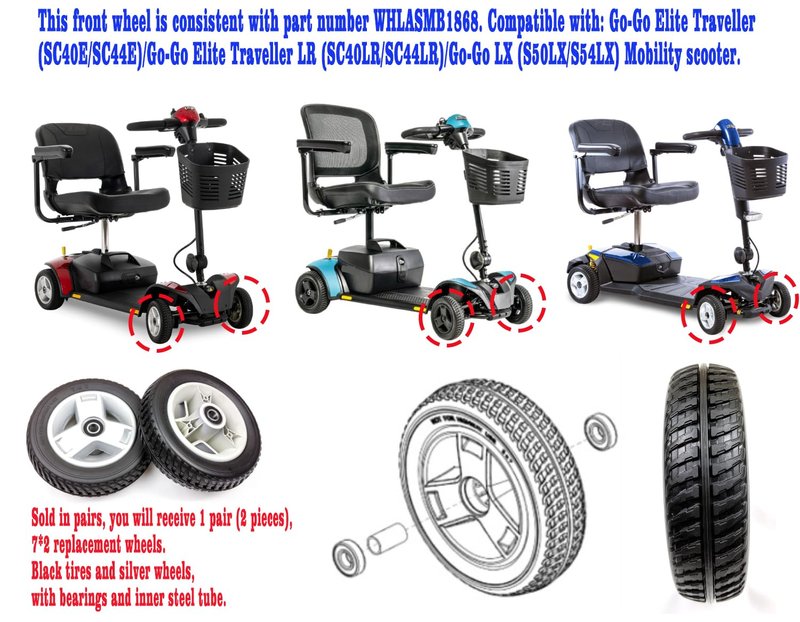 Mobility scooter replacement wheel,7"x2",Flat-Free Front Wheel,Tri-Spoke Rim for 4-Wheel Go-Go Elite Traveller (SC44E) & Go-Go LX with CTS (S54LX) Scooters (WHLASMB1868),W/bearing,Silver+Black,1Pr