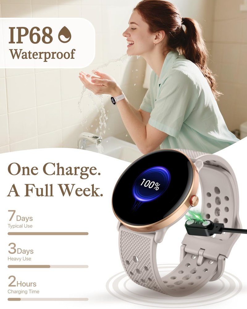 TitanSync Smart Watch for Women Men, for Android iOS with Sleep & Calorie Monitor, Pedometer Fitness Tracker, Bluetooth Call, IP68 Waterproof, 112+ Sport Modes Round Face Smartwatch (Gold-Gray)