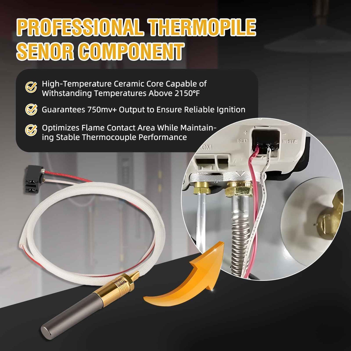 LP Thermopile Senor Component for Pilot Assembly Replacement Kit SP20824/SP21058/SP20800/SP20739/SP21096 Compatible with Rheem, Ruud, Richmond Equivalent Water Heaters