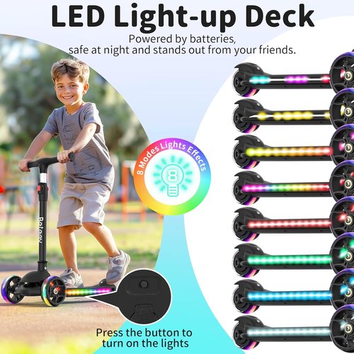 BELEEV A9 Kids Scooter - LED Light-Up Wheels & Deck, Adjustable Handlebar, 3-12 Years, Foldable Design