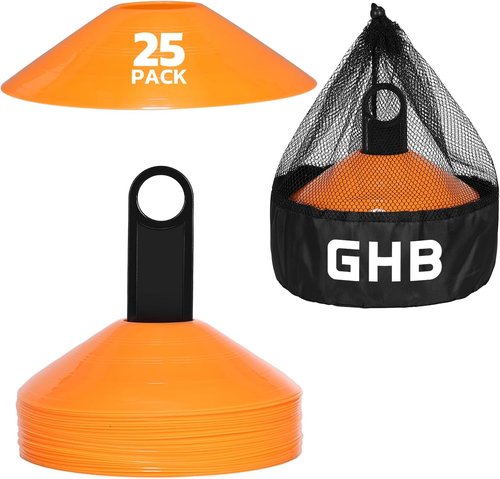 GHB Soccer Cones - Agility Training Field Markers | 25/50/100 Pack with Cone Drills Guide