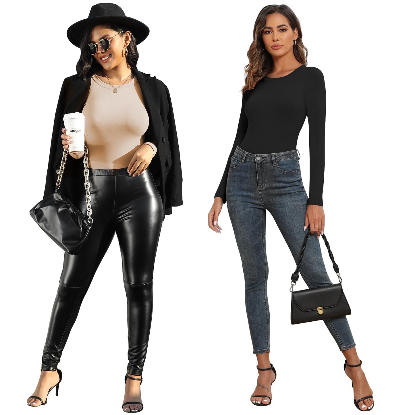 BALENNZ Long Sleeve Bodysuits Pack Brown Long Sleeve Bodysuit Round Neck Black Bodysuit Pack Fall White Body Suit Womens Bodysuit Tops 4BS