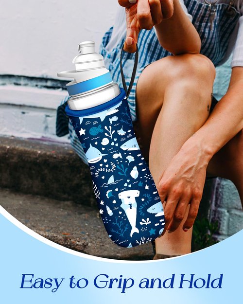 Toykee Water Bottle Sleeve for Cirkul 32 oz - 2 Pack Bottle Cover Holder Carrier with Handle Strap Navy Blue Shark Ocean Marine Print for Kids