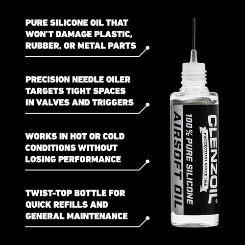 Clenzoil Airsoft & Air Gun Oil - Pure Silicone Lubrication for Air Rifles & Pistols - 2 oz Bottle & 0.5 oz Needle Oiler Combo