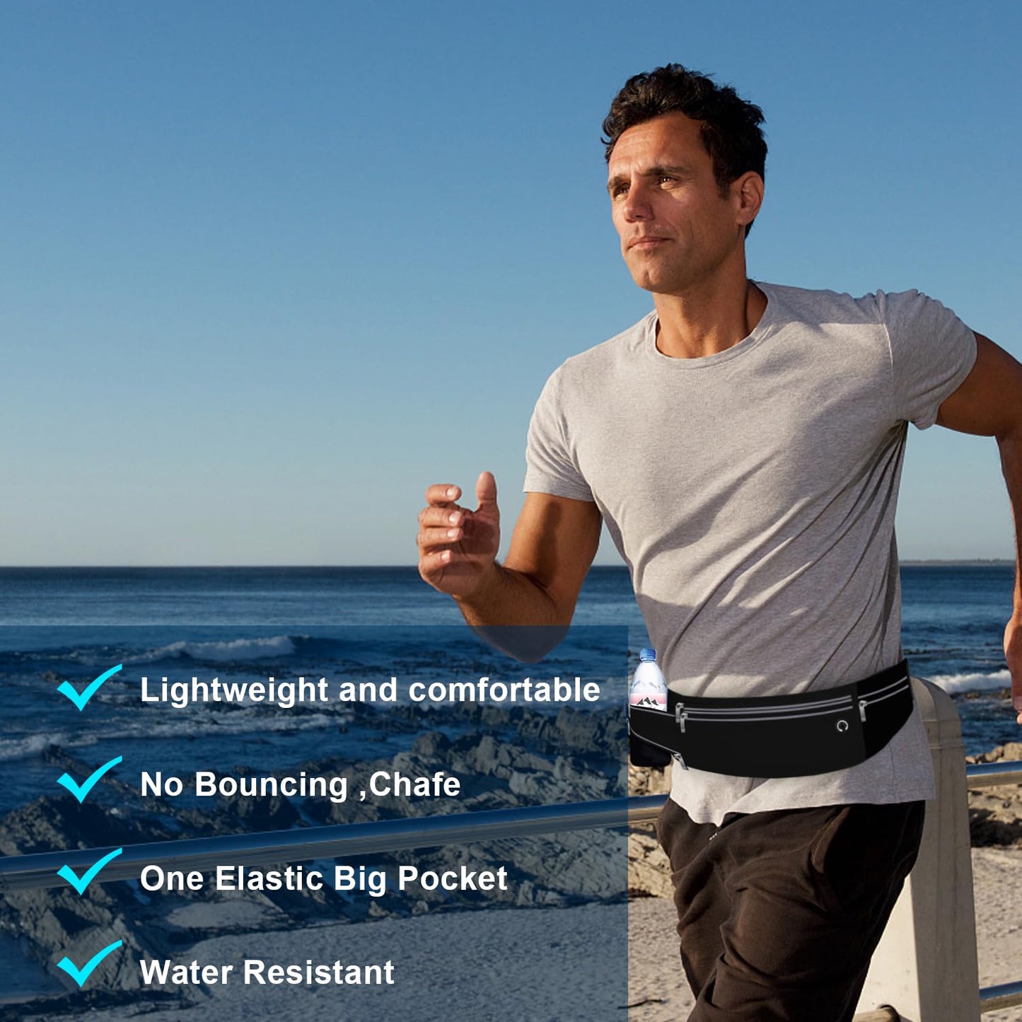 JUCURRI Slim Running Belt for Women Men,Runners Fanny Pack Phone Holder,Money Belt,Running Gear Accessories,with 3 Pockets (Jet Black)