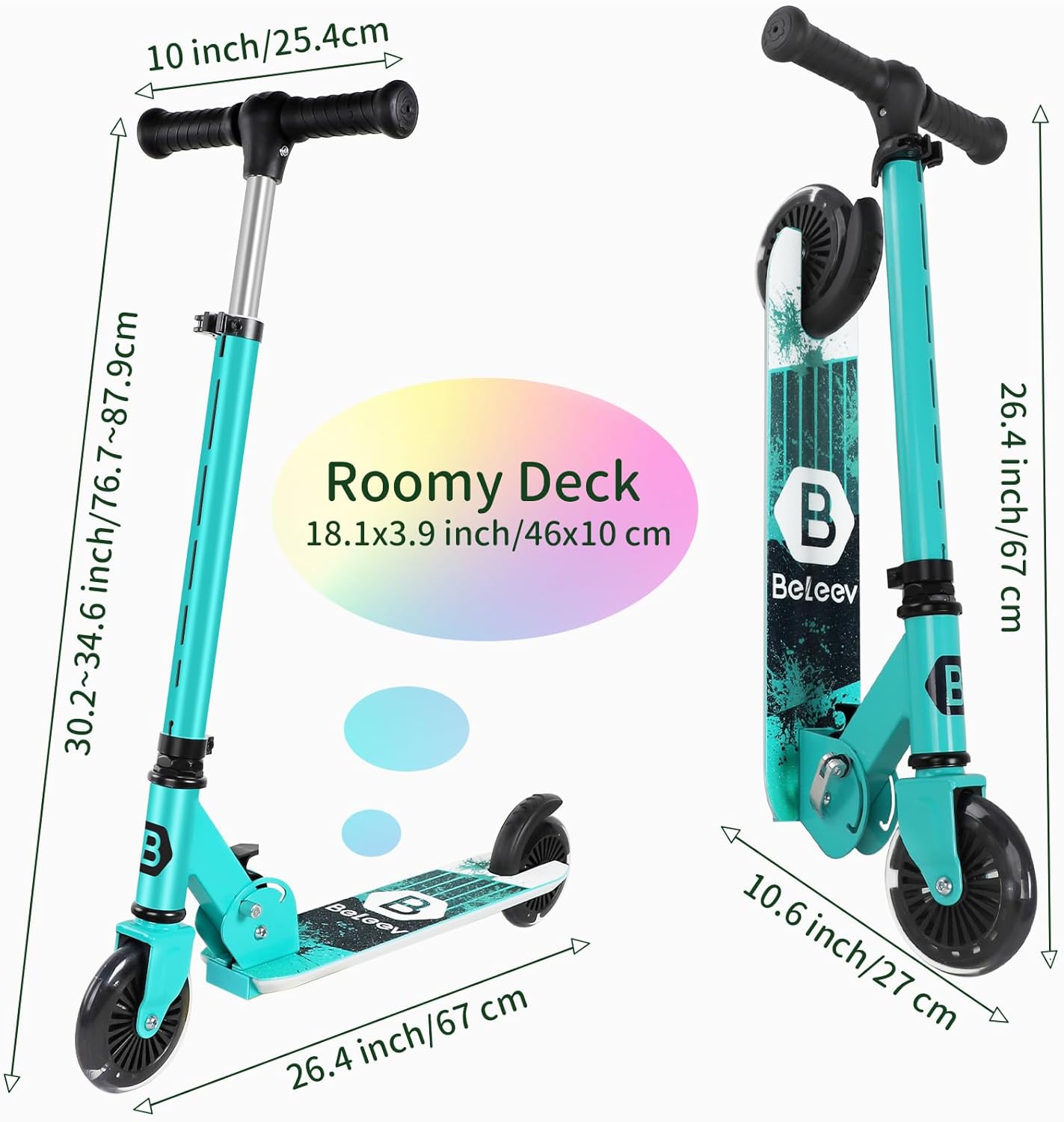 BELEEV V2 Kids Scooter - Light-Up Wheels & Adjustable Height, Foldable Design for Ages 3-12