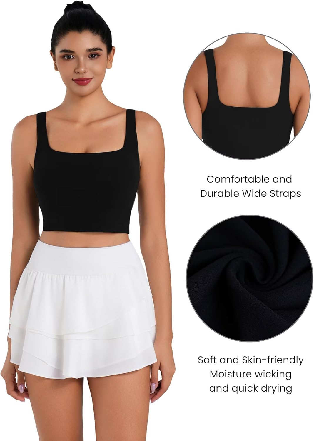 Sunzel Square Neck Longline Sports Bra - Padded Yoga Crop Tank Top with Wide Straps for Women