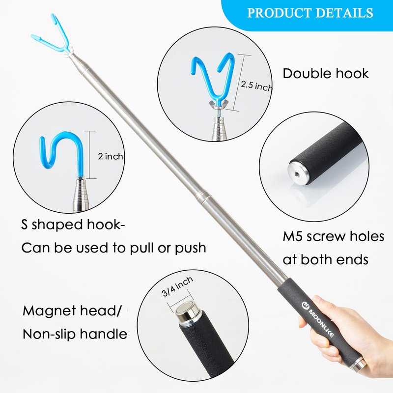 Moonlike Telescoping Pickup Grabber Tool Magnetic Pole with 2 Hook and a Magnet, 10 ft Telescopic Hook Pole Wire Reacher Tool Push Pull Rod, Disc Golf Retriever Pole, Disc Golf Accessories
