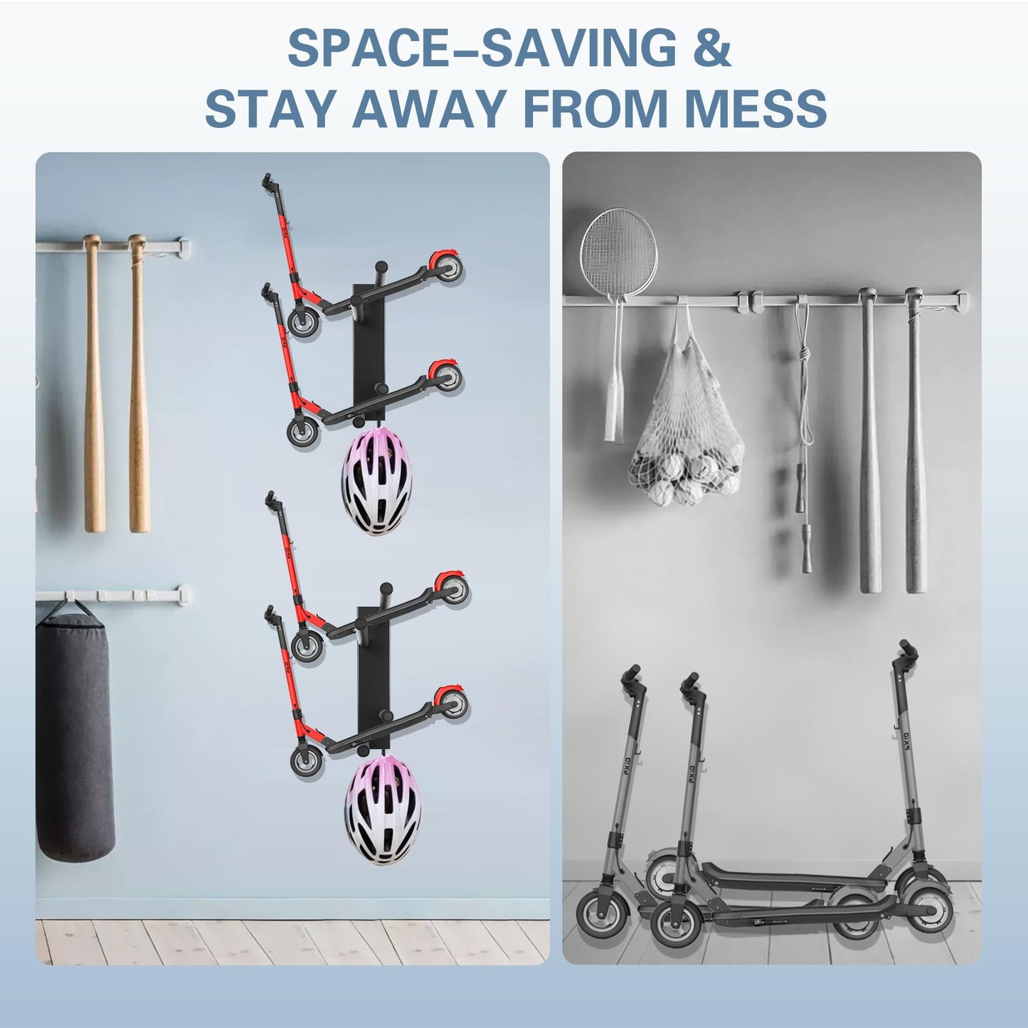 HAVXJAN Scooter Wall Mount, Metal Organizer Black Holder for Scooter Vertical Space Saver Scooter Rack, Scooter Stand for Garage, Living Room, Sports Shop (2 Tiers-2 Packs)