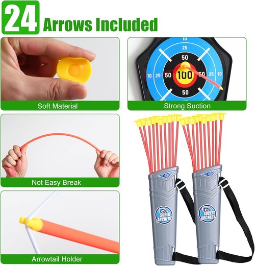 **Skiennix Bow and Arrow Toy Set - 2 Pack with 24 Suction Cup Arrows & Target | Indoor/Outdoor Sports Gift for Ages 4-12**