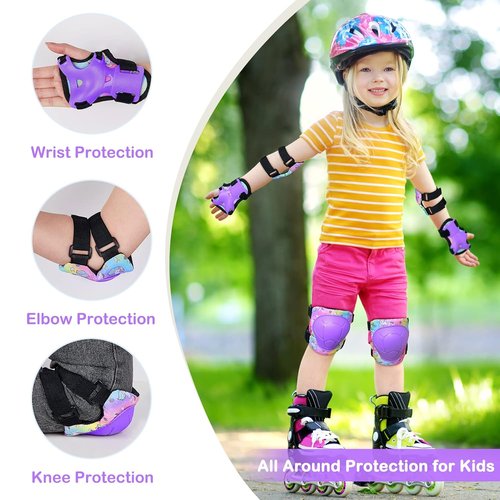 FIODAY Kids Knee Pads Set - Adjustable Protective Gear with Elbow Pads & Wrist Guard | Rainbow Unicorn, 3-8 Years