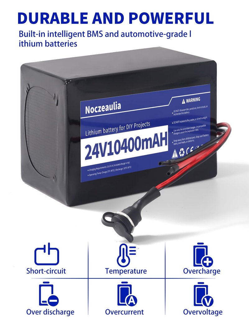 Noczeaulia 24V 10.4Ah Lithium Battery with 25.2V 1A Charger, 24V Rechargeable Battery for LED Strips and DIY Projects Black