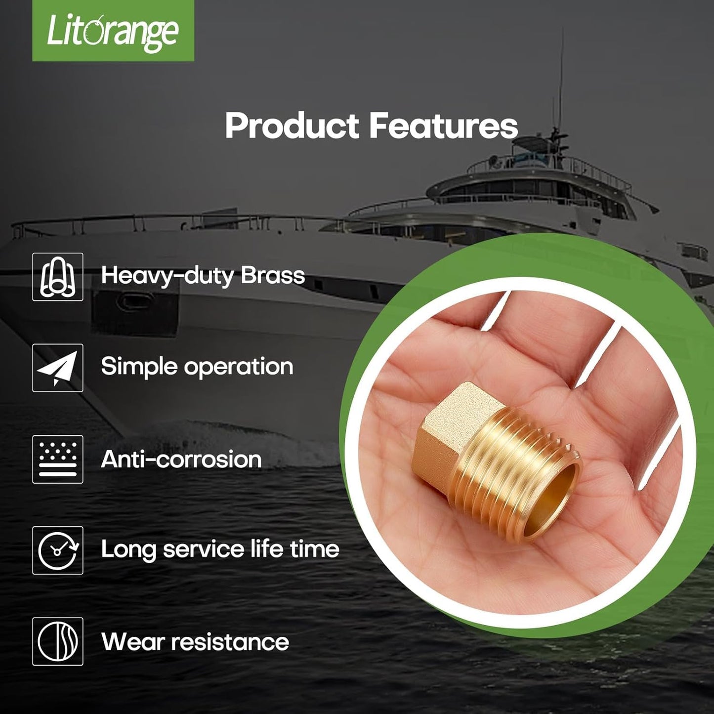 Litorange 2 PCS 3/4 Inch NPT Male Plug Fittings, Brass Cored Plug with Square Head for Boat, Gas,Drain plug etc.