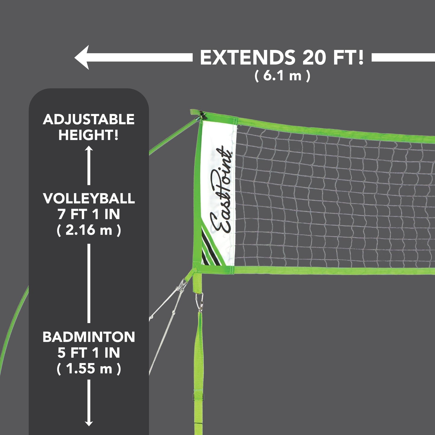 EastPoint Easy Setup Volleyball Badminton Set - Regulation, Light Green/Black - Portable Volleyball Net Design - 2-in-1 Net for Badminton & Yard Games - Includes Steel Rackets & Ball