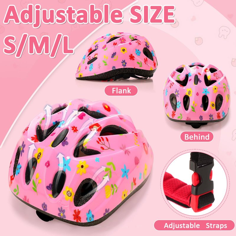 Saysurey 14 Pcs Kids Bike Helmet Knee Pads Knee Elbow Pads for Toddlers 3 to 8 Years Pink Helmet for Girls Wrist Guards with Drawstring Bag Sock Whistle and Hairpin for Skating Cycling(Flowers)