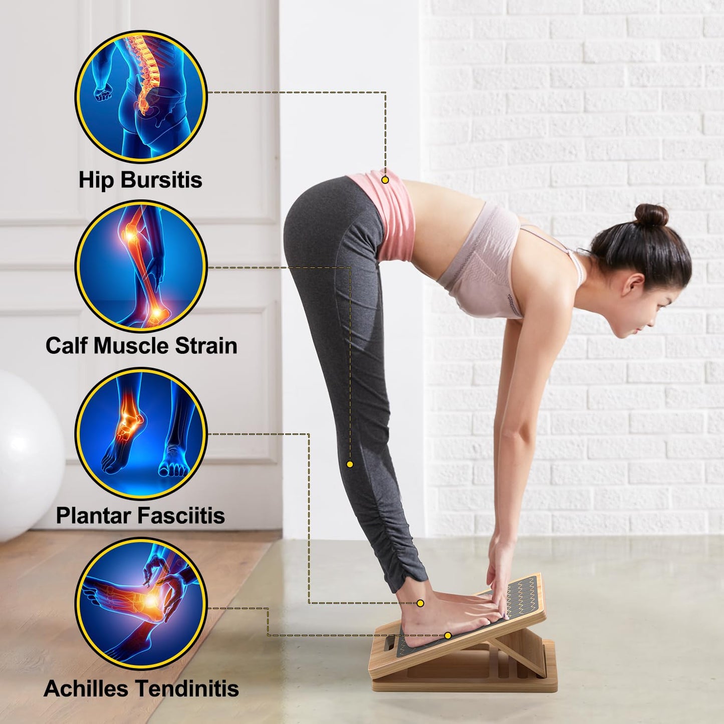 Wooden Slant Board for Calf Stretching, Adjustable Portable Wooden Incline Board with Training Guide, 300 lb. Load Capacity, Physical Therapy Equipment for Legs, Knees, Heels and Ankles