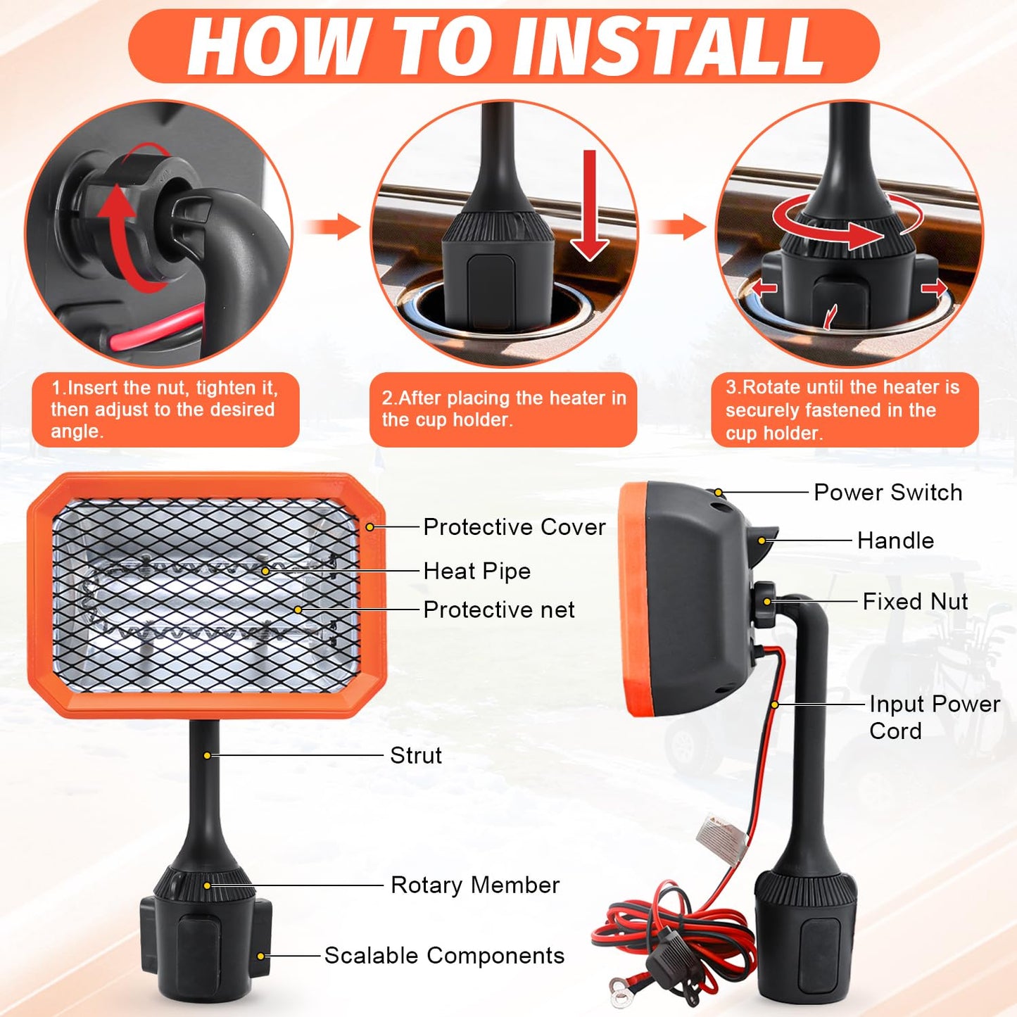 48V Golf Cart Heater Golf Cart Accessories, 400W Safe & Fast Heating Electric Heaters for Golf Cart, Battery Operated Heater with 360° Adjustable Angle Carbon Fiber Heating for Club Car/Yamaha/EZGO