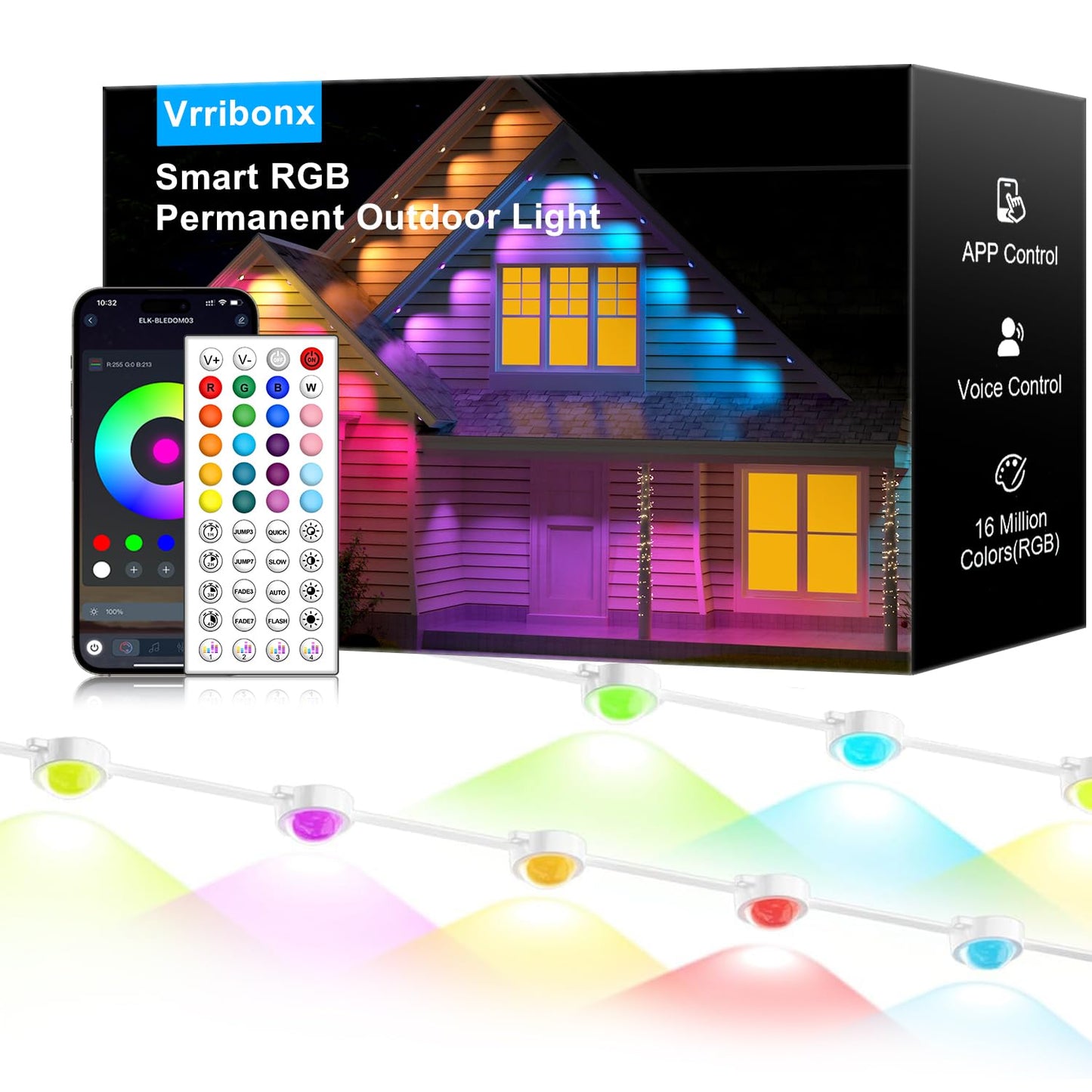 150FT Permanent Outdoor RGB Lights - IP65 Waterproof with Smart App Control Remote, DIY Scene Modes, Music Synchronization, Eaves Lights For Garden Decor, Deck, Christmas, Party, Party, Halloween,Roof