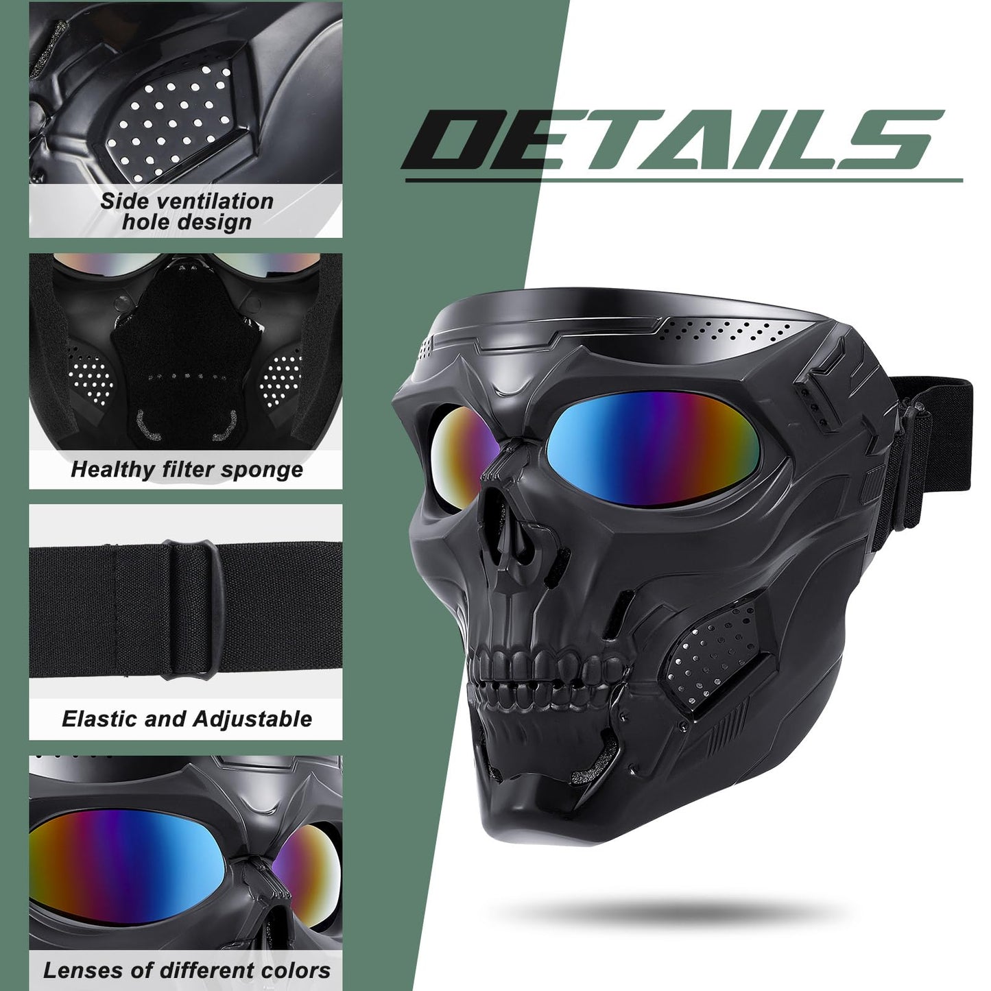 Kanayu 3 Pcs Airsoft Mask Skull Full Face Paintball Motorcycle Face Mask Electroplated Lenses Military for Motocross, Riding Racing Shooting Cosplay Cs Survival Games for Men Women(Not Anti Fog)