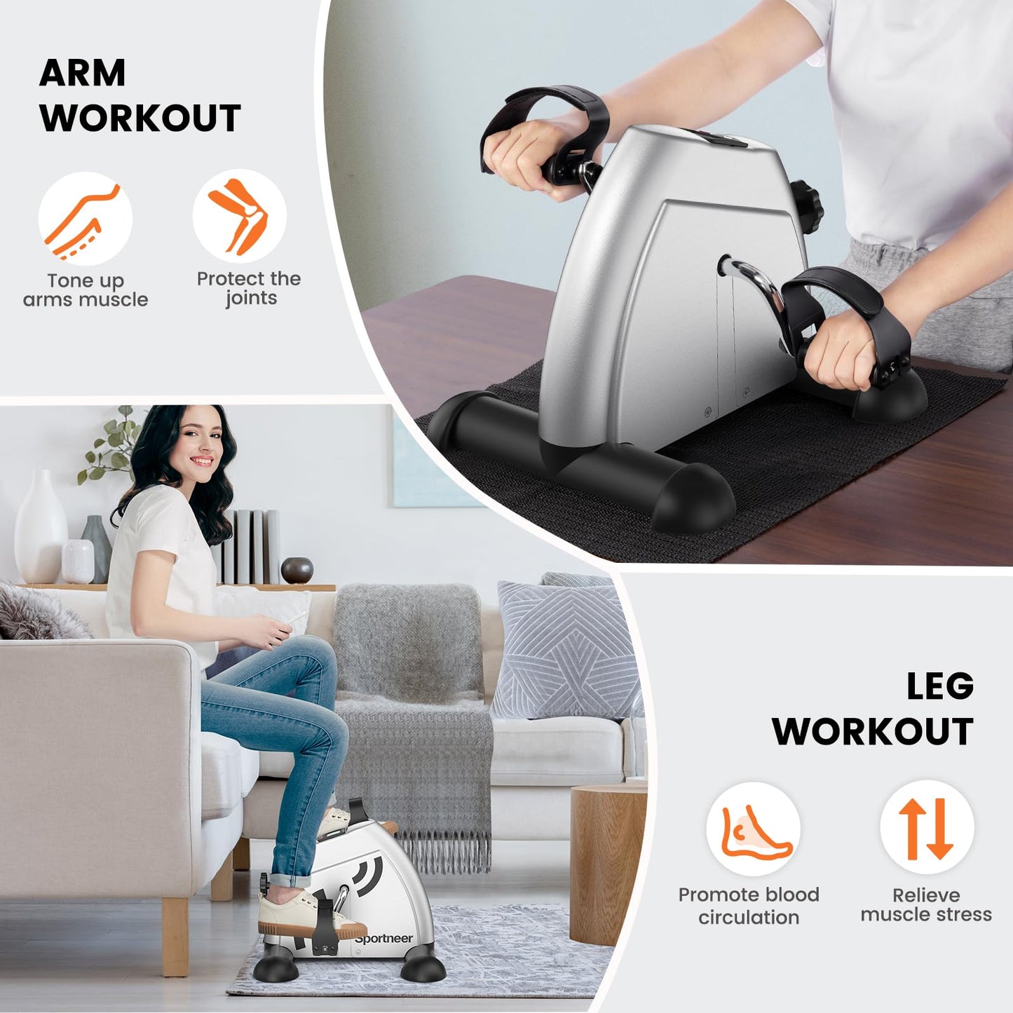 Sportneer Under Desk Bike Pedal Exerciser: Mini Exercise Bike Portable Peddler Sitting for Seniors with LCD Display Arm & Leg Bike Pedals Exerciser with Anti-Skid Mat for Home Office (Silver Black)