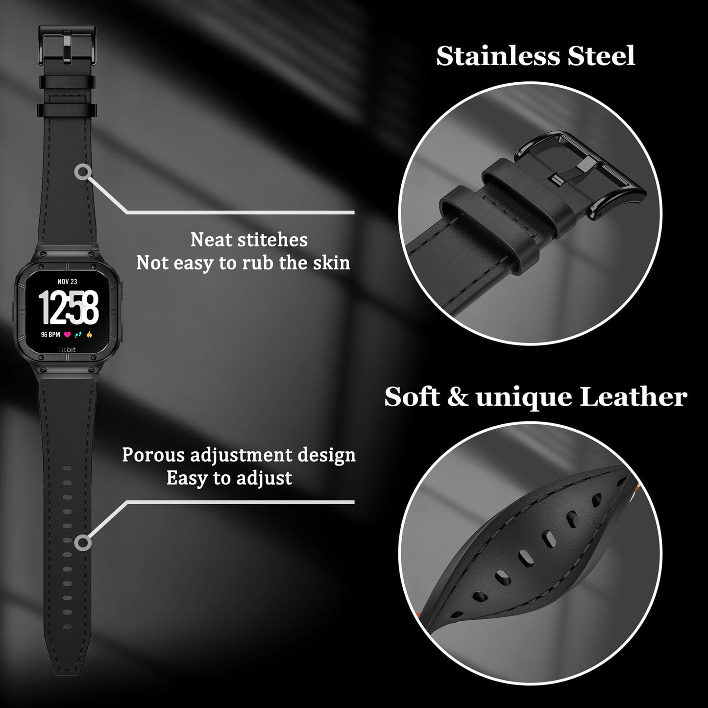 BAITEYOU Leather Bands with Stainless Steel Case Compatible with Fitbit Versa 1 2 3 4 Lite Sense 2 1 Protective case for men
