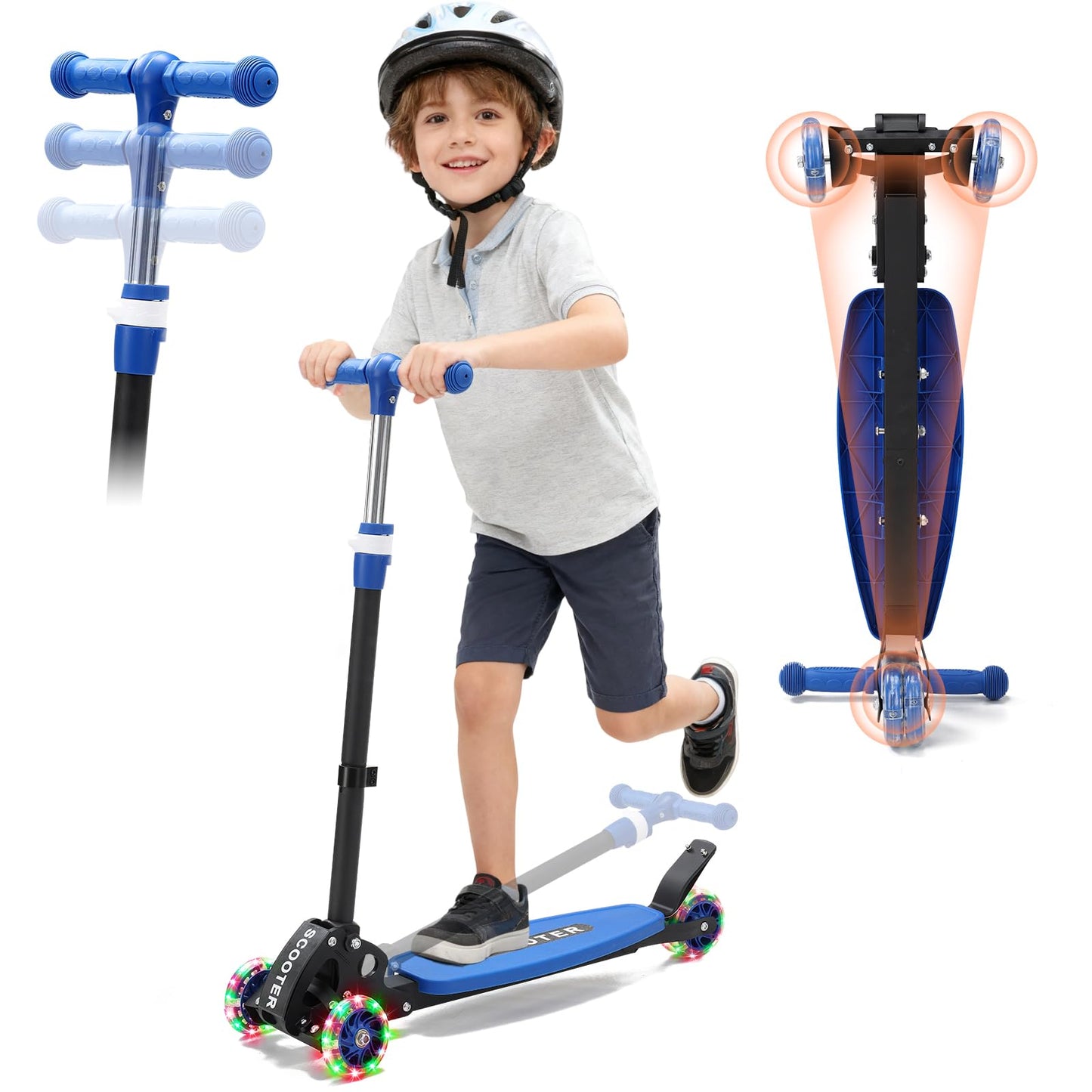 Scooters for Kids 6-8 8-12, Folding, 3 Light up Wheels Kick Scooter,3 Adjustable Height Handlebars, Lean-to-Steer,Widen Anti-Slip Deck, Heavy Duty Scooter for Boys Girls Ages 6-12,up to 170 Lbs