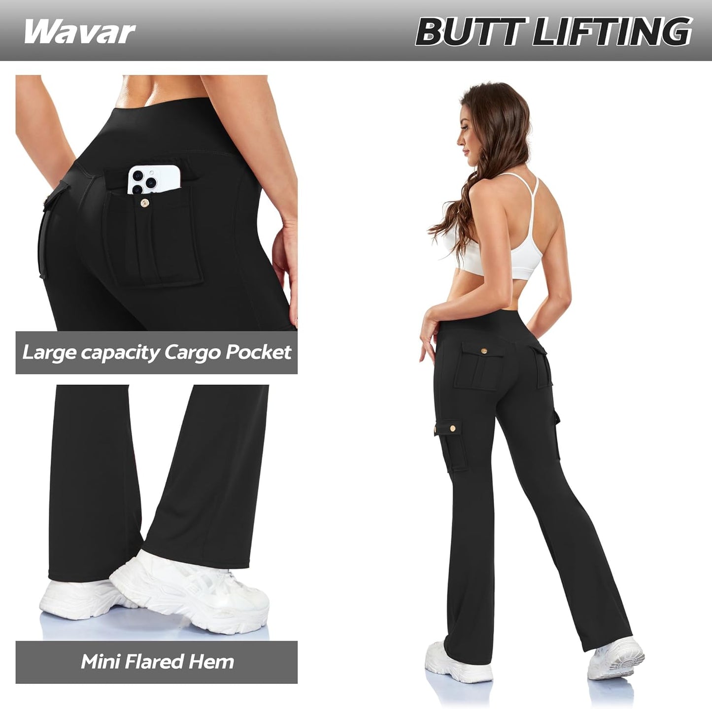 Wavar Women’s Flare Leggings - High Waisted Butt Lifting Cargo Pants with Pockets | Tummy Control