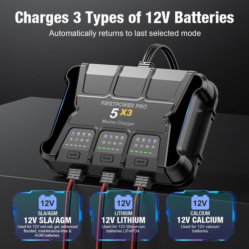 3 Bank Marine Battery Charger - 15A Waterproof Onboard Charger for SLA/AGM & Lithium Batteries | 12V Battery Maintainer