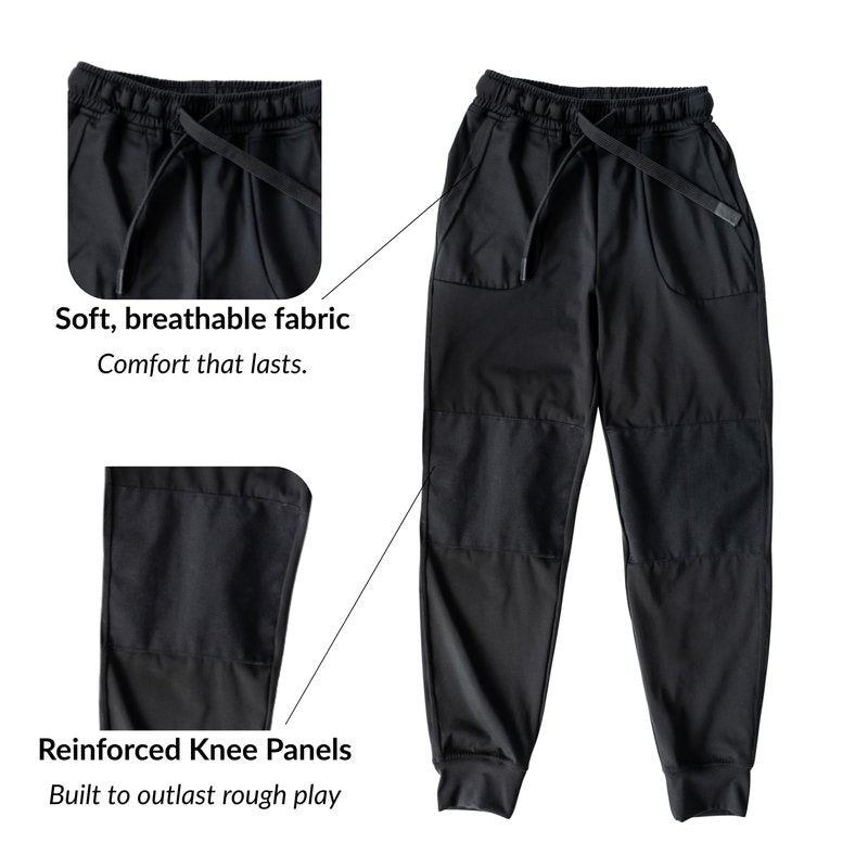 Hudson Joggers for Boys – Durable Reinforced Knee Kids Pants – Stretch Fit, Machine Washable, Fade-Resistant – Sizes XS–XXL (Ages 4–16) Black