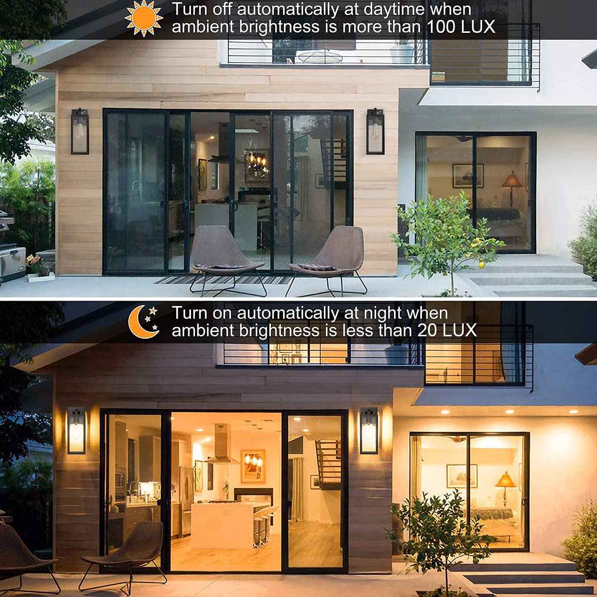 Tipace 2 Pack Outdoor Wall Lantern with Dusk to Dawn Sensor, Matte Black Sensor Exterior Light Fixtures,Exterior Wall Sconce with Clear Glass Shade(2700K E26 Bulbs Include)