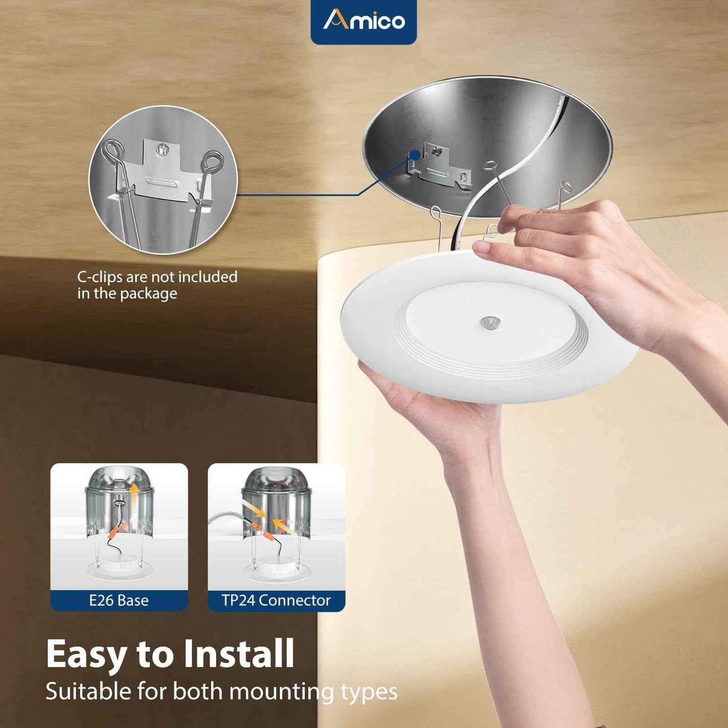 Amico 5/6 inch Motion Sensor Recessed Light, 12.5W=100W, 950LM, 2700K/3000K/4000K/5000K/6000K Selectable, LED Retrofit Can Lights, IC Rated - ETL & FCC, White