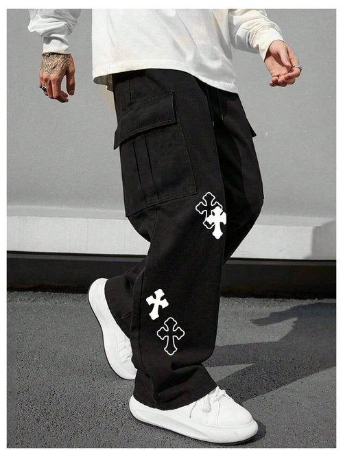 BEAUDRM Men's Cross Graphic Baggy Cargo Pants Drawstring Waist Wide Leg Sweatpants Streetwear Black Large