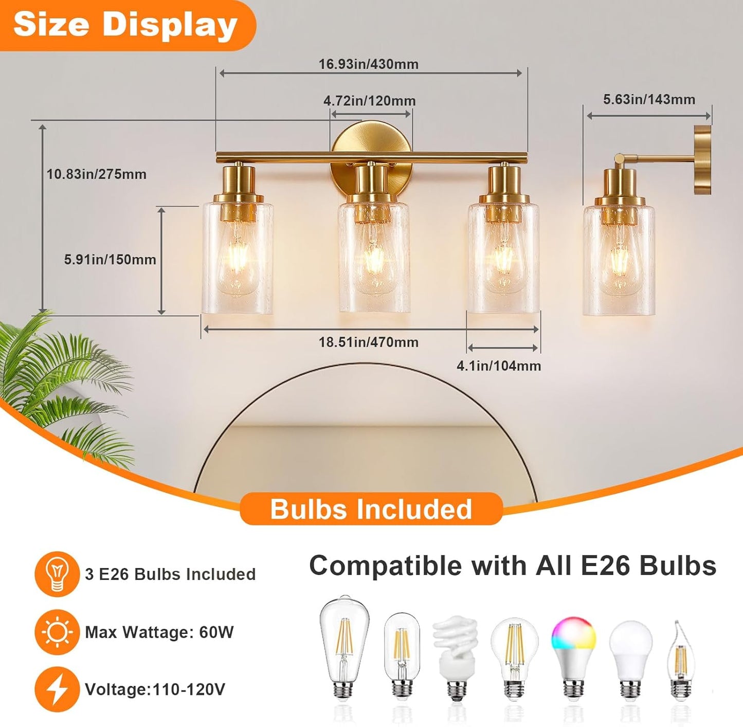 Modern Black 3-Light Bathroom Vanity Light Fixtures with Clear Glass Shades - 2 Pack