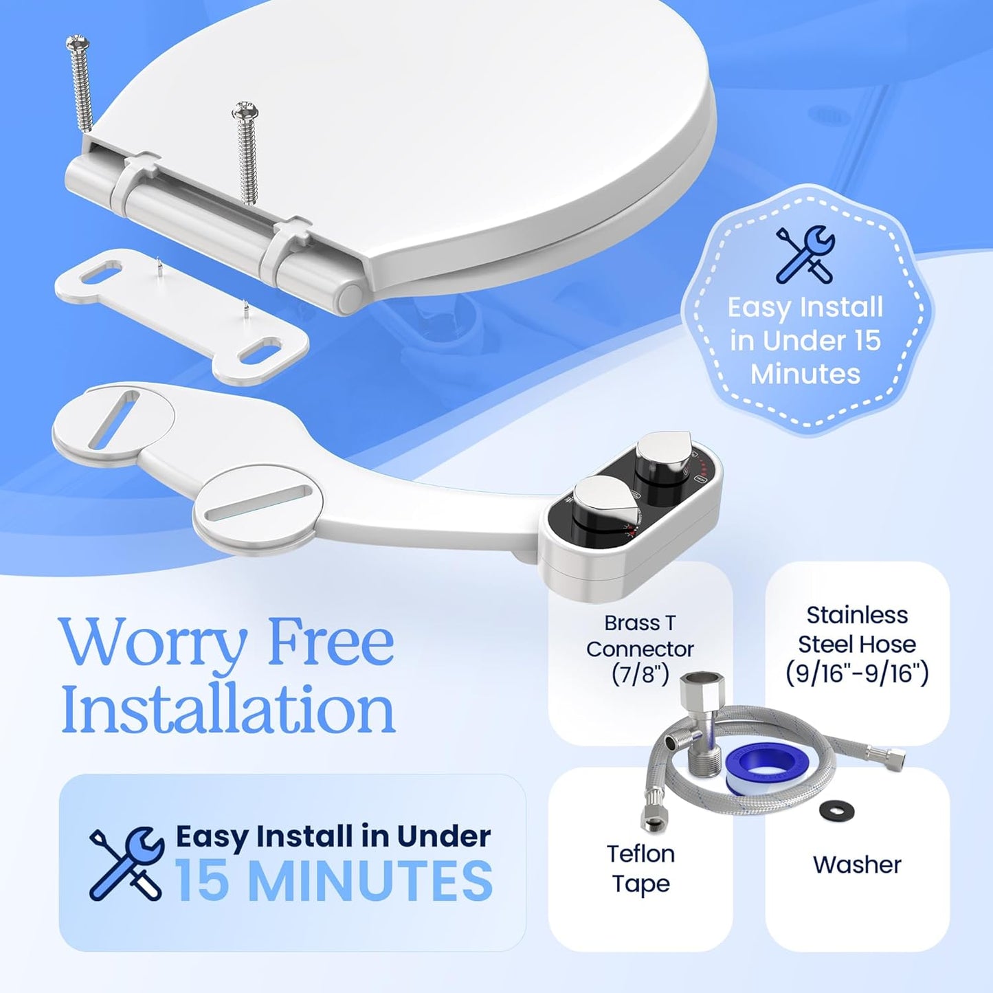 Non-Electric CLEAR REAR Bidet Attachment for Toilet - Self-Cleaning Dual Nozzle, Adjustable Pressure, White