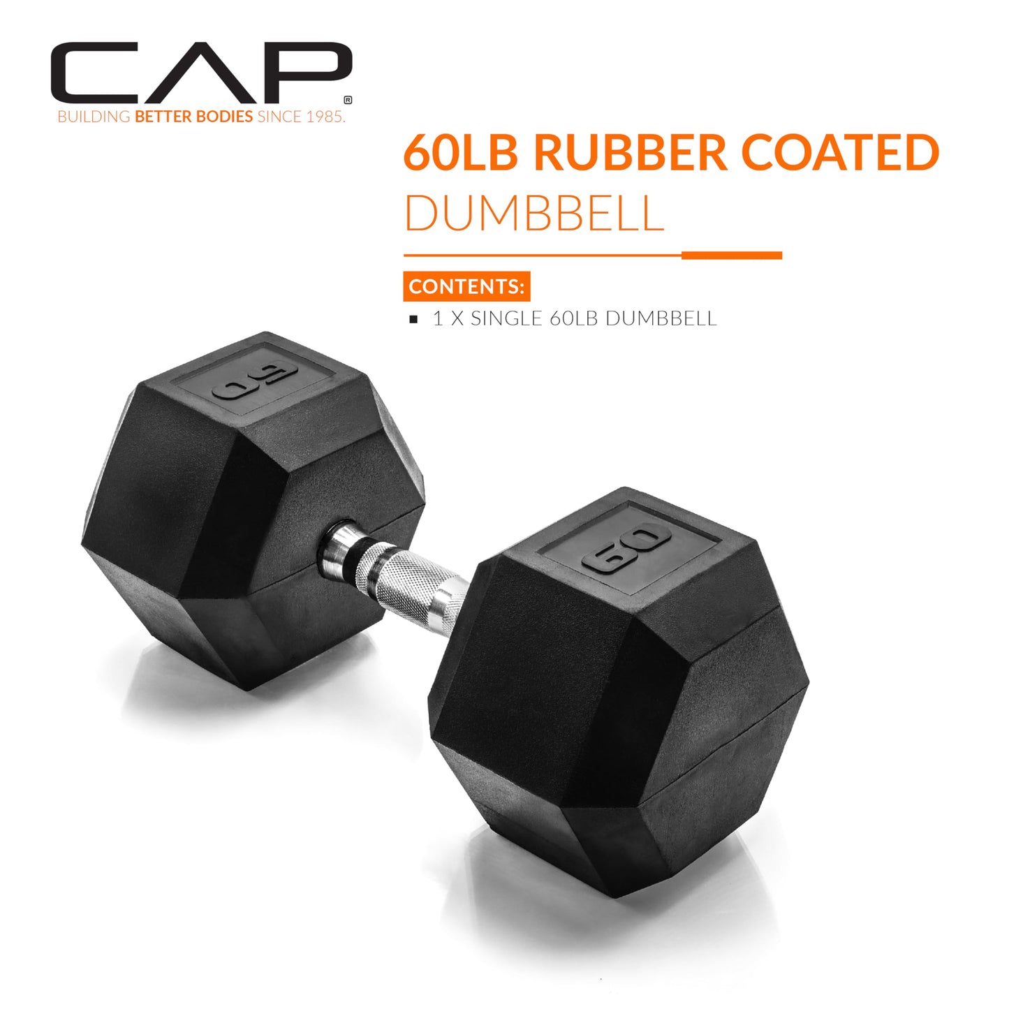 CAP 60 LB Rubber Coated Hex Dumbbell Weight, Rubber Free Weights for Home Gym Strength Training, Chrome Handle, Single