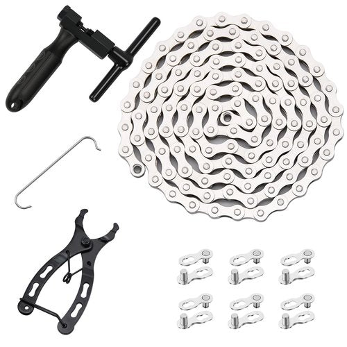 Bike Chain Kit, Single Speed Multi-Function Bike Mechanic Repair Kit, Chain Breaker and Bike Link Plier with Hook and 6 Pairs Bicycle Buckle, Reusable
