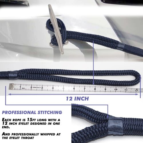 Marine-Grade Dock Lines by Hi-Performance | 4 Pack 1/2” X 15’ Double-Braided Nylon with 12” Eyelet - Navy Blue
