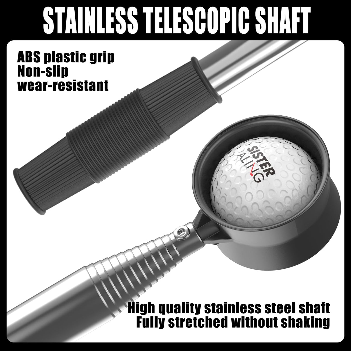 SisterAling 9ft/12ft Water Telescopic Golf Ball Retriever,Classic and Durable Stainless Steel Pick-Up Upper Grabber Tool,The Best Accessory Gift for Men and Women Golfers.(Black, 9Ft)
