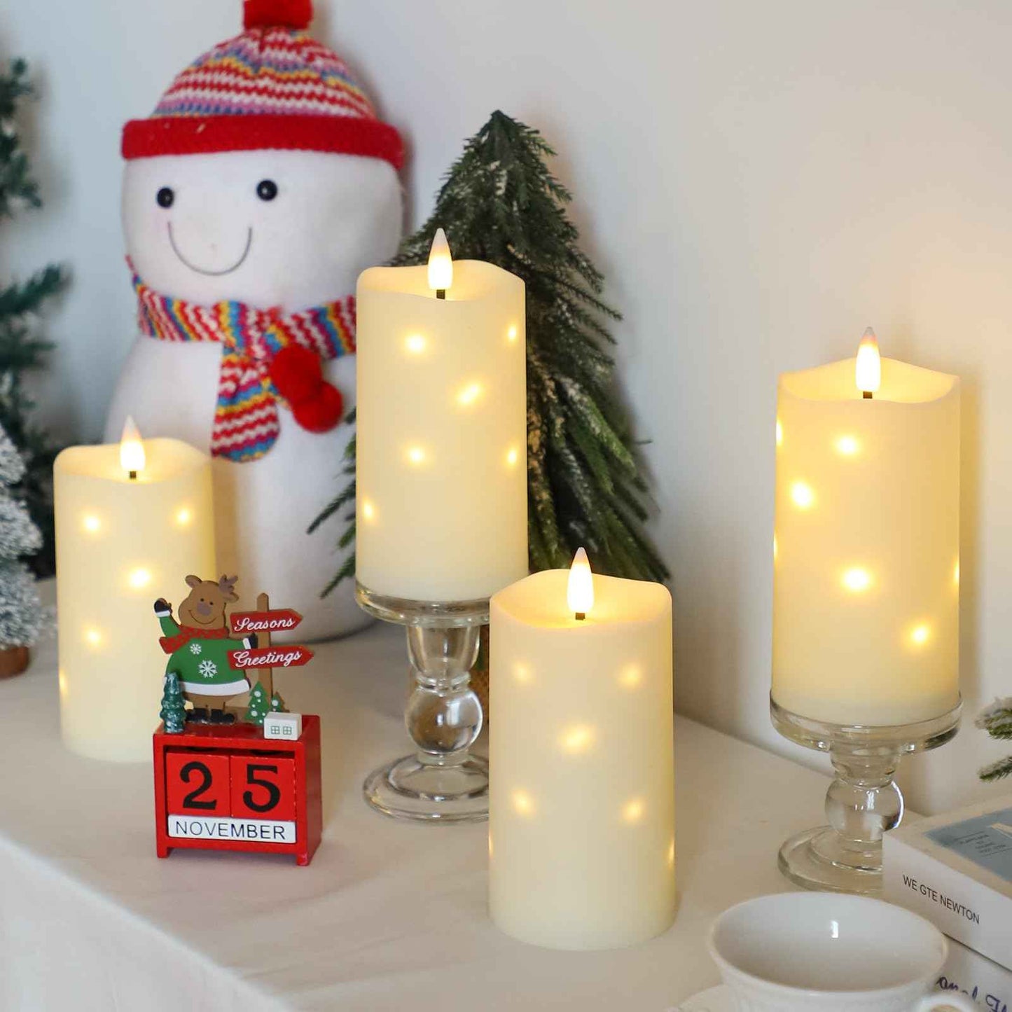 Lezonic Flameless Waterproof Outdoor Candles with Flickering Dancing Flame, 4Pcs Battery Operated Candles with Remote, Ivory LED Pillar Built-in String Lights for Patio Wedding Decor, 3.25" x 6"