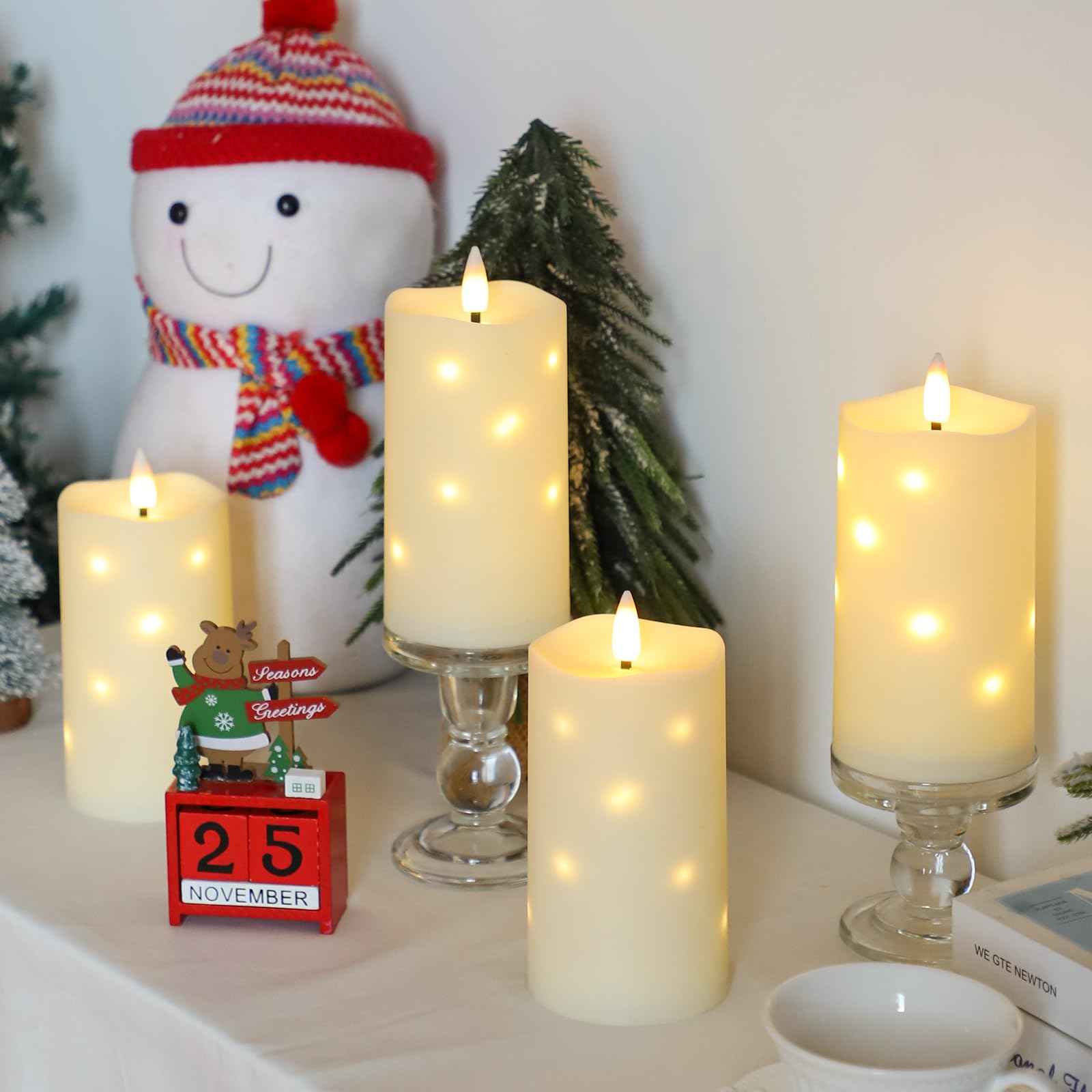 Lezonic Flameless Waterproof Outdoor Candles with Flickering Dancing Flame, 4Pcs Battery Operated Candles with Remote, Ivory LED Pillar Built-in String Lights for Patio Wedding Decor, 3.25" x 6"