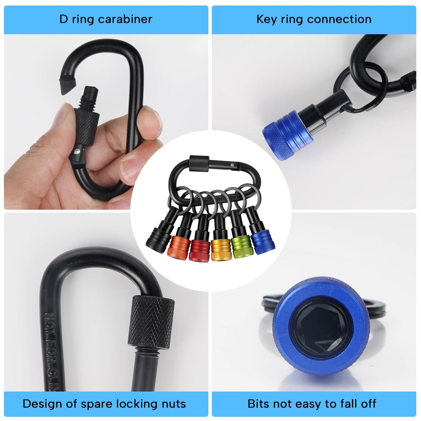 FACAINCXS Upgraded 6PCS Bits Holders Keychain, 1/4 inch Hex Shank Bit Holders, Quick-change Design for Nut Driver, Screwdriver & Drill Bits, Include Keychain Carabiner Gifts for Men (Black)
