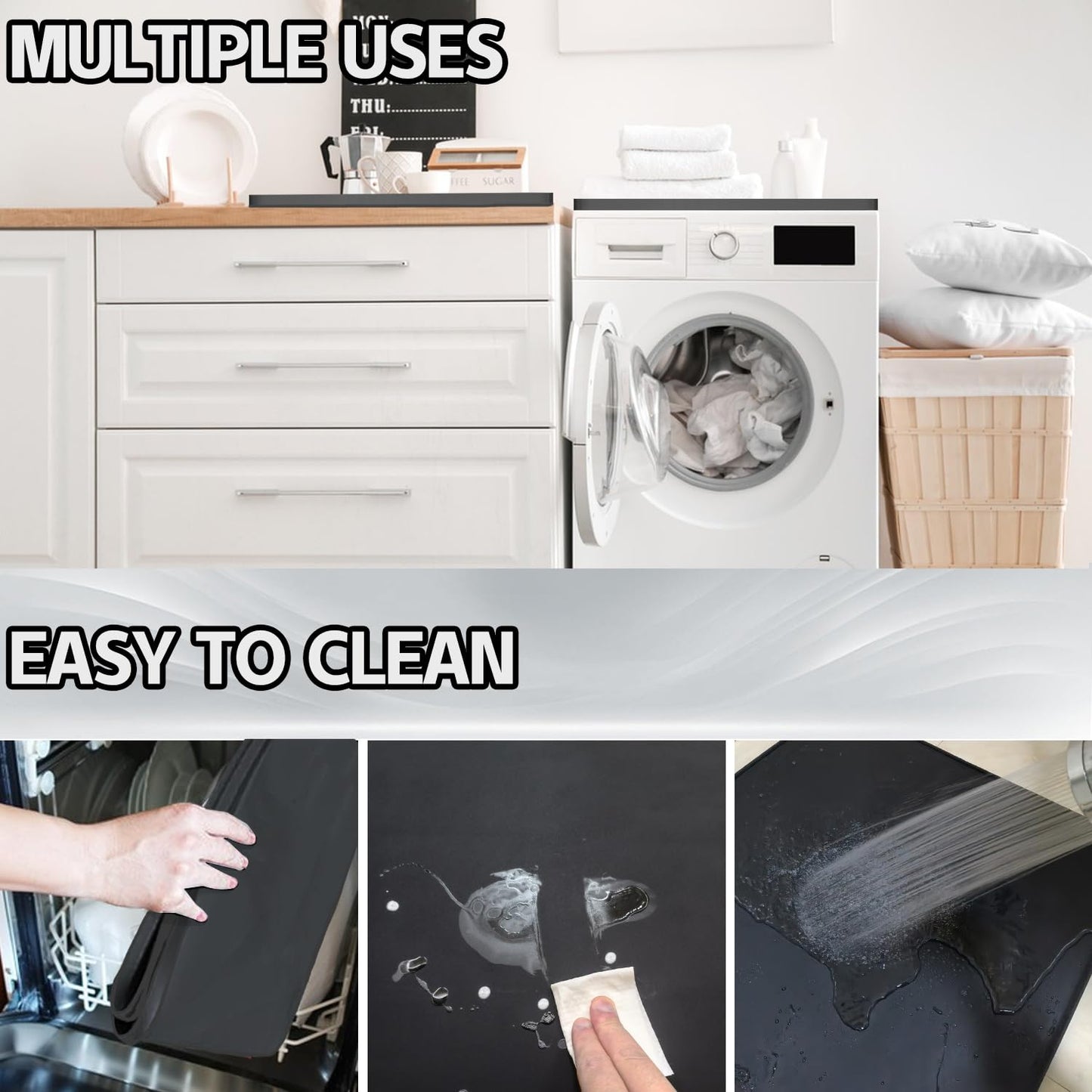 Washing Machine Cover for Top 27”x 27" Pad for Top of Washer or Dryer Protector Rubber Mat for Washing Machine Accessories Non Slip Waterproof Washable (Black)